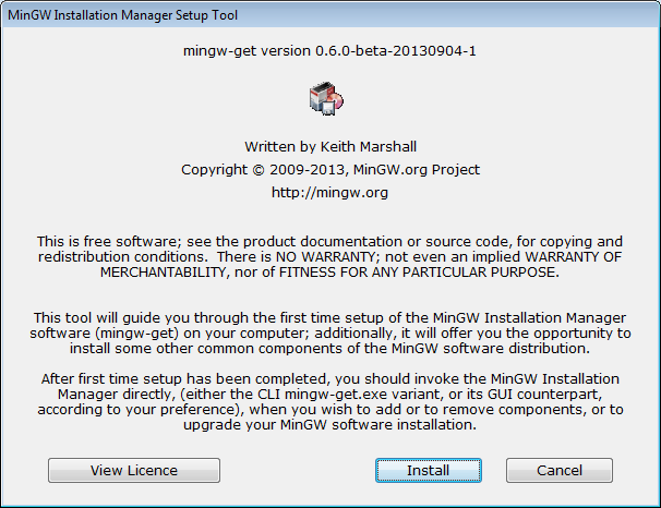 MinGW Installation Manager Setup Tool window showing mingw-get version, copyright, license summary, and Install button